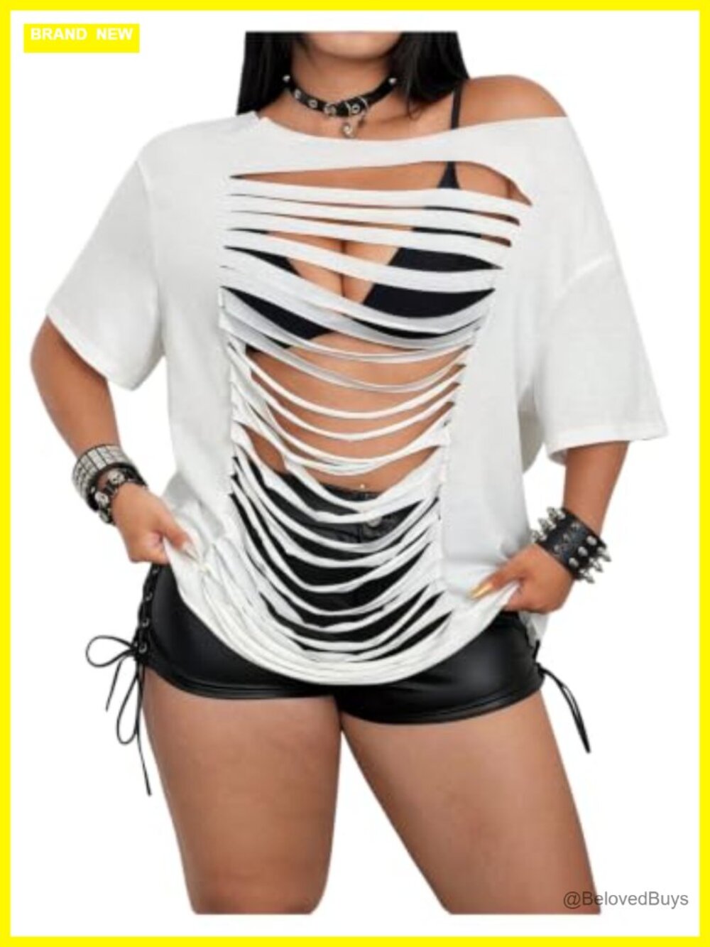 Plus Size Ripped Off The Shoulder T Shirt Y2K Streetwear Cutout Top